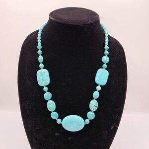 Afghan Womens Vintage Natural Chunky Turquoise Necklace‎ with Silver Beads 24"